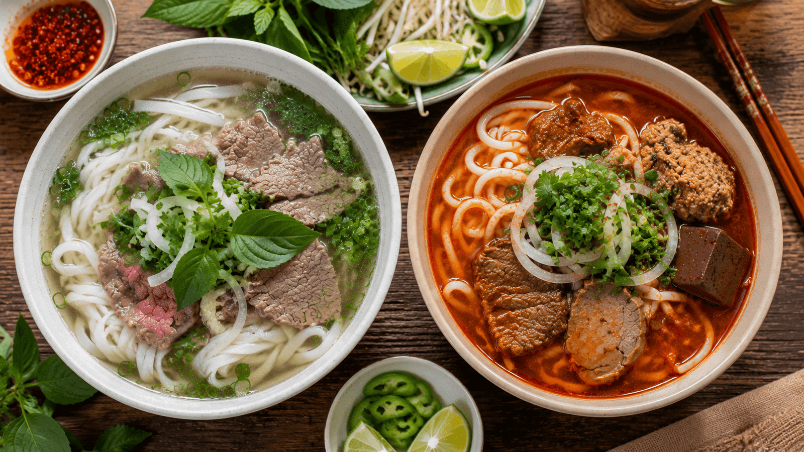 A clear bowl of pho next to a spicy red bowl of bun bo Hue