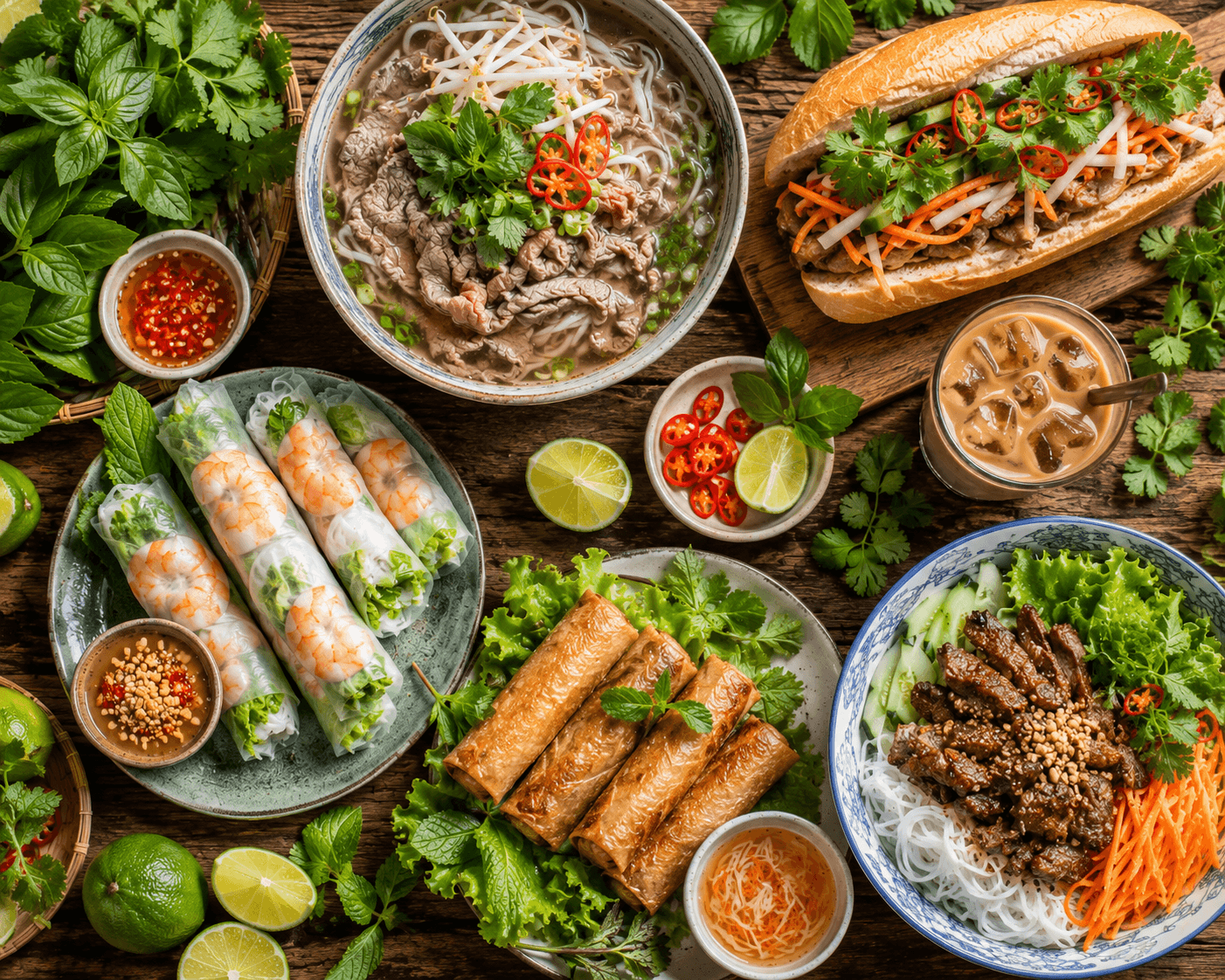 A spread of Vietnamese dishes including pho, banh mi, spring rolls, and Vietnamese iced coffee