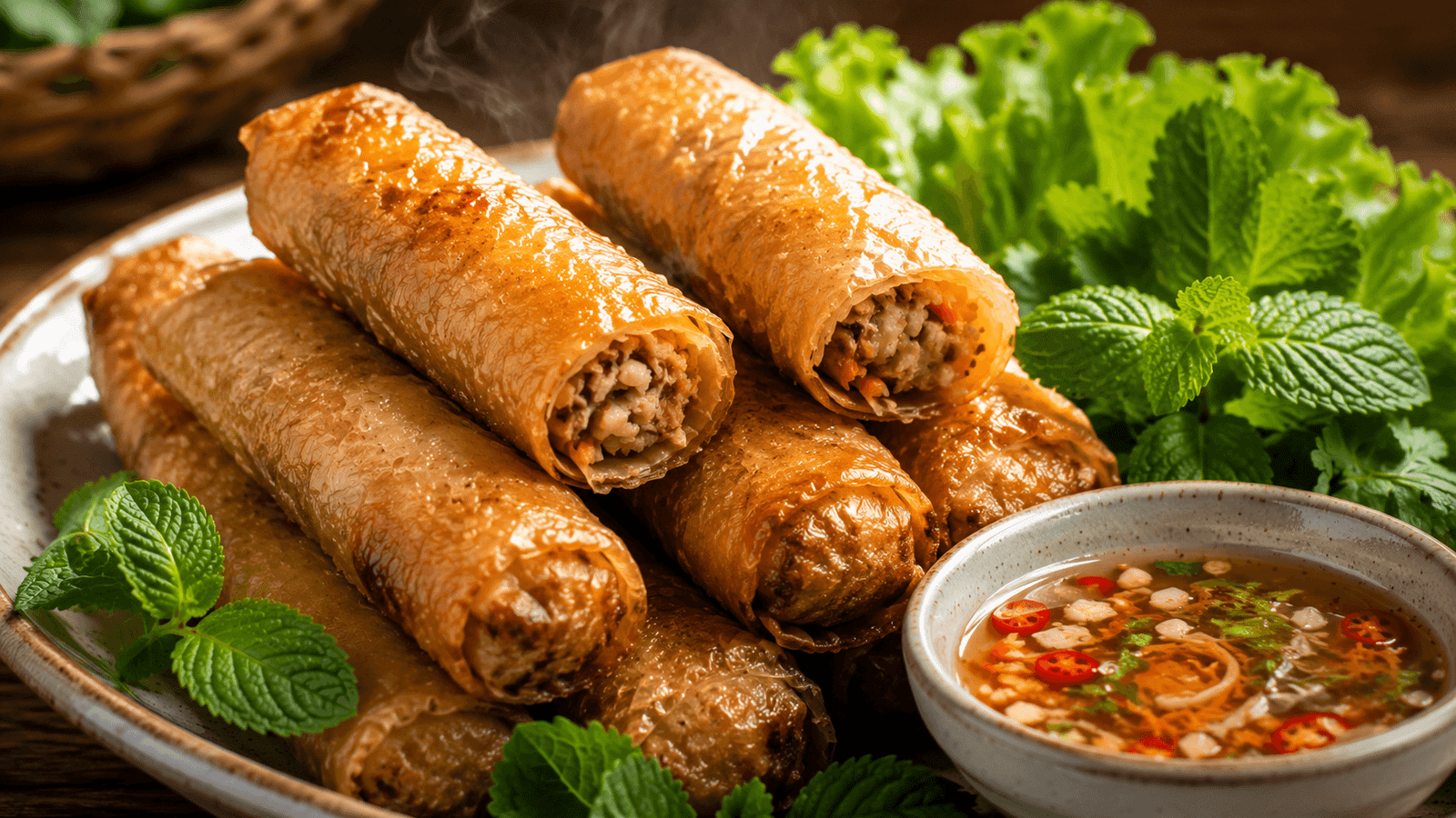 Crispy fried Vietnamese spring rolls (cha gio) with fresh herbs and nuoc cham dipping sauce