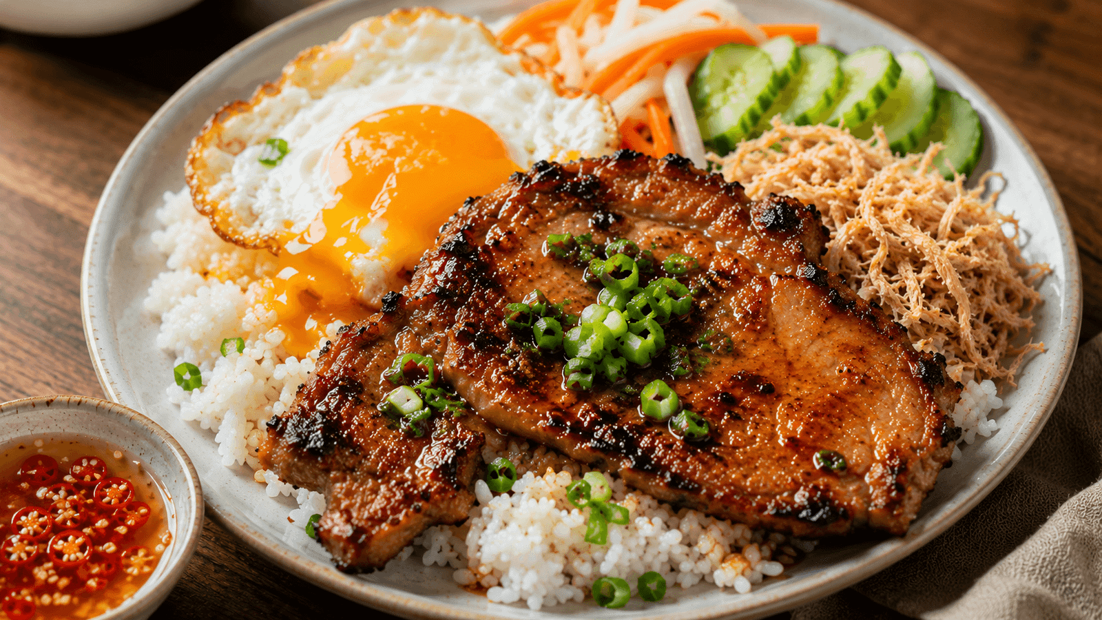 Plate of com tam with grilled pork chop, broken rice, fried egg, and pickled vegetables